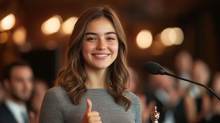 A young female smiles and gives a thumbs up, holding an award at a celebration.