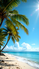 Tropical Beach Serenity: Captivating view of a pristine beach with swaying palm trees under a vibrant blue sky, clear ocean, a perfect paradise escape.