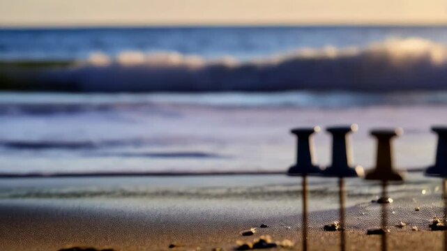 Row of push pins stand upright in the sand at golden sunset along the ocean shoreline with blurred ocean waves in the background