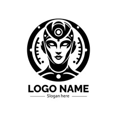 Intricate black and white female cyborg face with futuristic elements in a circular emblem. Science fiction concept