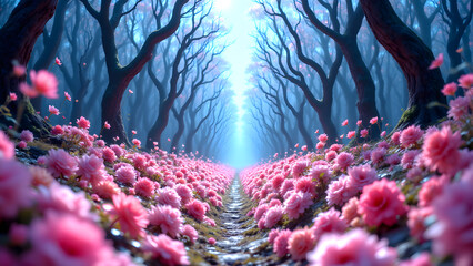 Blooming Forest Path: A captivating forest path is lined with trees and flowers, inviting viewers to explore the ethereal beauty of nature in a fantasy-like scene.
