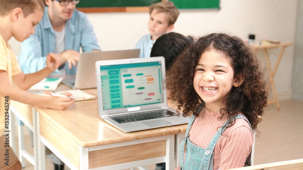 Poster american student looking at camera and learning prompt in stem technology class while group of diver