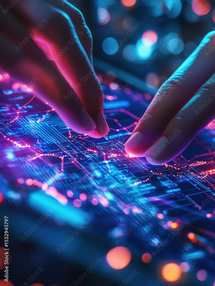 Aufkleber person interacts with futuristic digital mobile device. hands touch screen displaying complex data n