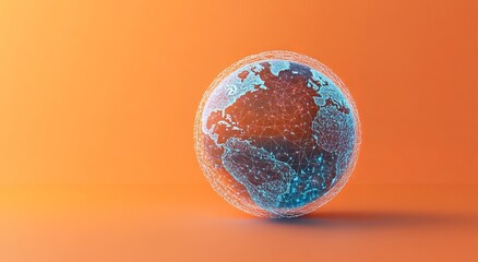 3D illustration of a digital globe with interconnected nodes on an orange background.