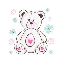 Cute white teddy bear with butterflies vector illustration.