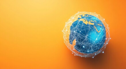 Stylized globe with network connections on a vibrant orange background.