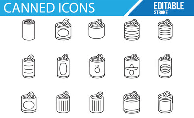 Collection of can and food icons in vector format for use in food packaging and retail designs.

