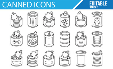 Line stroke can icons for food packaging, storage, and grocery store designs.