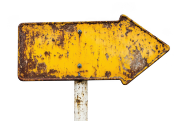 Yellow directional arrow sign isolated on white background on transparent background