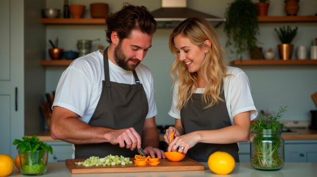 man and woman in the kitchen preparing a delicious salad, healthy eating, cooking at home