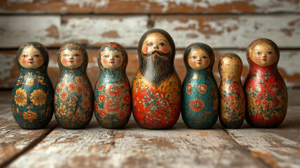 Wooden dolls lined up on rustic wood background, family unity concept