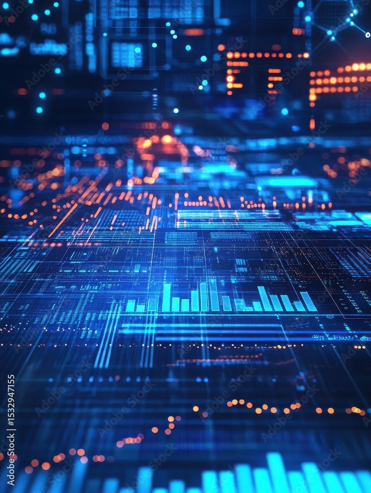 Poster digital data visualization with blue tones, featuring graphs and charts that represent statistical i