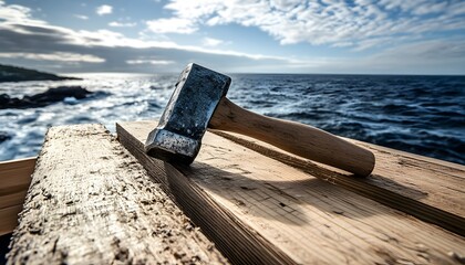 Fototapeta premium Hammer resting on weathered wooden planks by the ocean.