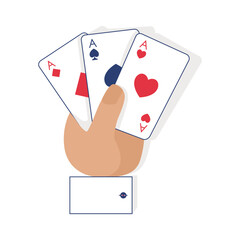 Hand holding playing cards. Three aces card, diamonds, spades, hearts. Lucky combination in hand of poker casino player. Sketch vector illustration