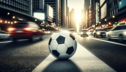 Soccer ball lying in the middle of a busy road with cars speeding by, symbolizing danger, child safety, and urban risks. Traffic awareness. Safety, sports, and social responsibility.