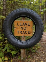 A wooden Leave No Trace sign mounted inside a black tire on a wooden post, surrounded by lush green foliage and a dirt path in a forested area.