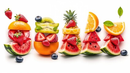 Vibrant layers of watermelon, strawberries, oranges, kiwis, pineapples, and blueberries with green leaves, arranged symmetrically on a white background.