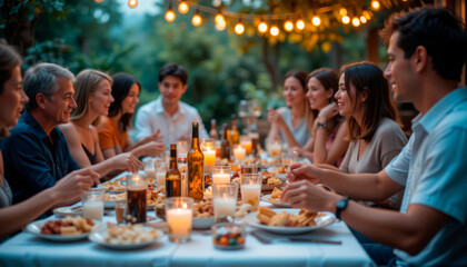 close-up of an outdoor dinner, a table covered with a white tablecloth, with various snacks, glasses, bottles and lit candles. The hands of people sitting at the table are visible.