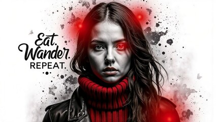 Portrait of a woman with dark hair, red turtleneck, and leather jacket. Abstract black and white background with red glowing accents and bold text.