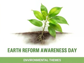 A vibrant green plant with visible roots in soil, set against a white background. Text reads 'Earth Reform Awareness Day' and 'Environmental Themes'.