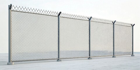 A chain link fence with barbed wire on top, supported by metal posts on a concrete surface. The background features a pale, overcast sky.
