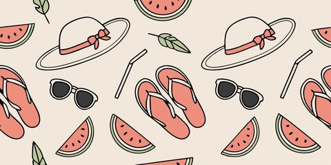 A repeating design featuring pink flip flops, wide brimmed hats, sunglasses, watermelon slices, green leaves, and straws on a beige background.