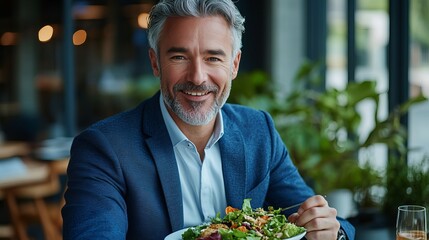 Smiling middle-aged Caucasian man enjoying a healthy salad in a modern restaurant.