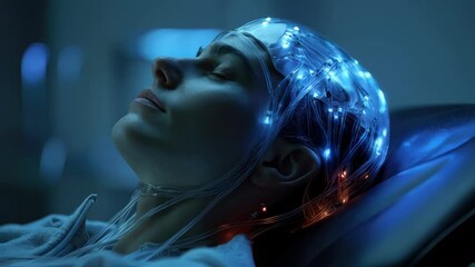 A person is lying back with a neural interface on the head connected by glowing wires. Concept of mind control and neurotechnology. - Powered by Adobe