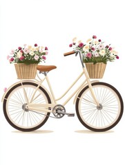 Isolated flat-style illustration of beige retro bike with. flowers in the baskets.