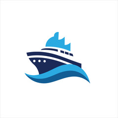 A stylized boat logo with blue waves on a white isolated background