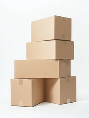 Multiple cardboard boxes stacked on top of each other, isolated on a clean white background, symbolizing logistics and inventory management