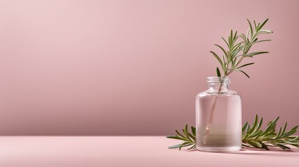 A glass bottle holds a fresh sprig of rosemary, set on a soft pink surface that enhances the natural beauty and fragrance of the herb, perfect for kitchen decor or culinary use