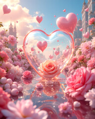 Eternal Bloom of Love: A heart-shaped glass display filled with a singular rose in a garden setting, with an abundance of roses and floating hearts in the air, under a pastel sky.