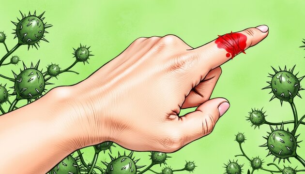 Hand with a bleeding cut pointing at germs on a green background  