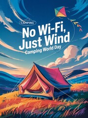 Illustration of a colorful tent in a golden field, surrounded by hills under a vibrant sky with swirling clouds and a kite soaring above.