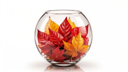 A clear glass bowl holds vibrant autumn leaves in red, orange, and yellow shades. The white background highlights the intricate veins and textures.