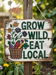 A weathered wooden sign reads Grow Wild Eat Local, adorned with a basket of vegetables and flowers. Lush greenery and garden elements form the background.