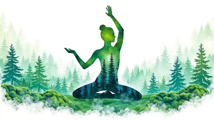 A silhouette of a seated yoga pose integrates with a vibrant forest scene, featuring evergreen trees, lush greenery, and a misty forest background.