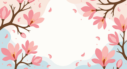 Floral decorative border with pink blossoms on blue background  