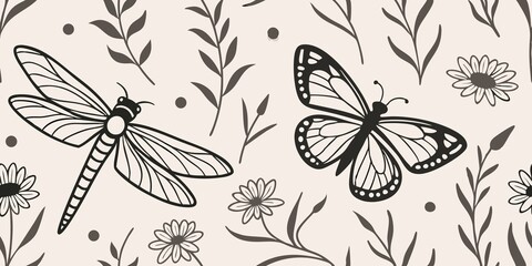 Seamless black pattern on beige background featuring a dragonfly, butterfly, daisies, and leafy branches with intricate details and contrast.