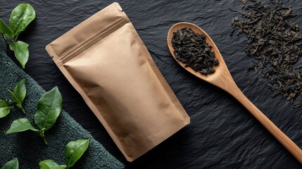 A kraft paper bag sits alongside a wooden spoon filled with loose black tea leaves. Fresh green tea leaves are placed on a textured surface, enhancing the natural aesthetic