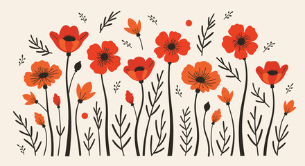 Colorful red flowers with green leaves on a light background  