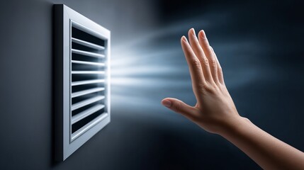 A close-up of a hand near an air vent, demonstrating airflow against a dark backdrop.
