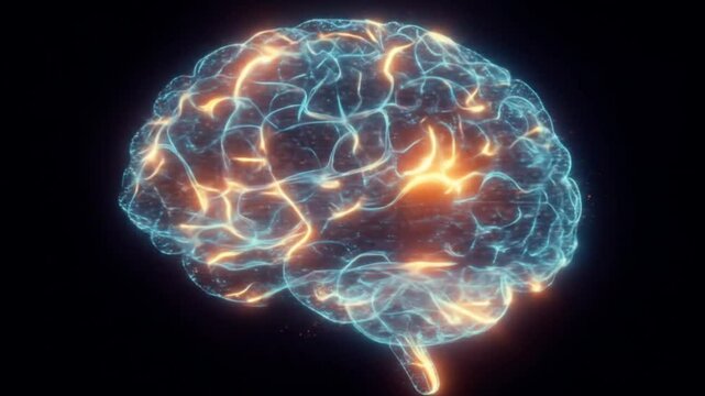 Digital glowing brain pulsating with energy signals in neural grid structure seamless looping 4k time-lapse animation video background. Science concept