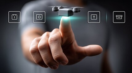 Close-up of a man's hand interacting with a hovering drone in a tech-focused setting.