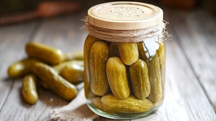 Jar of freshly pickled cucumbers with a wooden lid, surrounded by additional cucumbers on a rustic wooden table, showcasing homemade preservation and natural ingredients
