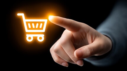 A close-up of a hand interacting with a glowing shopping cart icon.