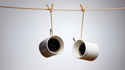 Two coffee cups suspended in mid-air, conveying a sense of whimsy and playfulness
