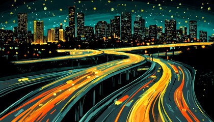 Obraz premium Night highway overpass with city lights.