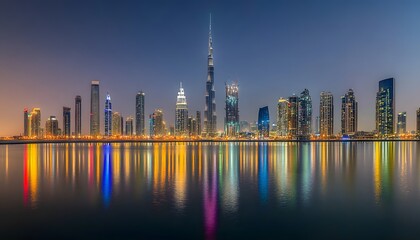 Obraz premium City skyline at dusk reflected in calm water.
